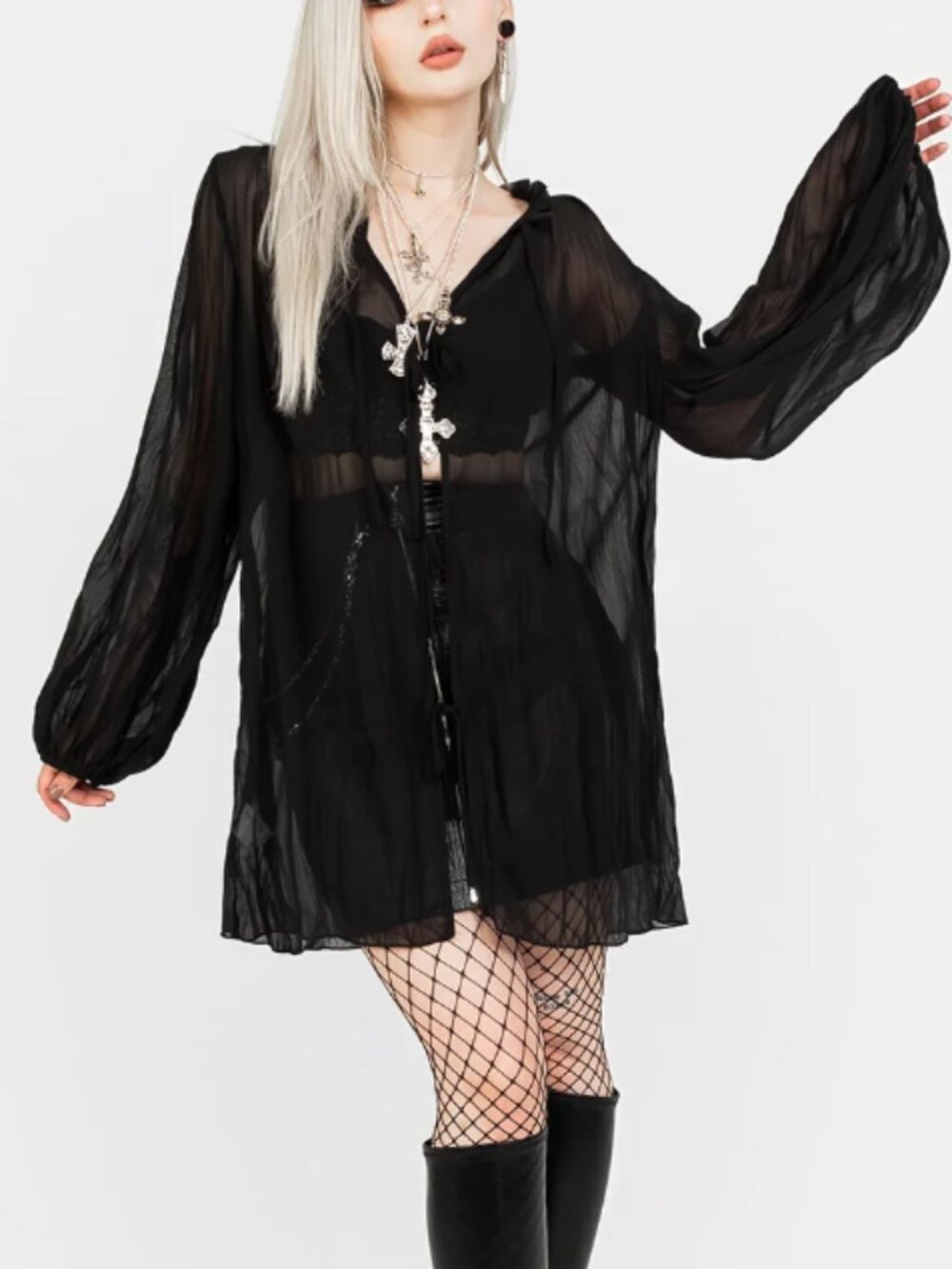 NWT Disturbia Villain Textured Blouse Black Sheer Long Sleeve Tie Front Size 6